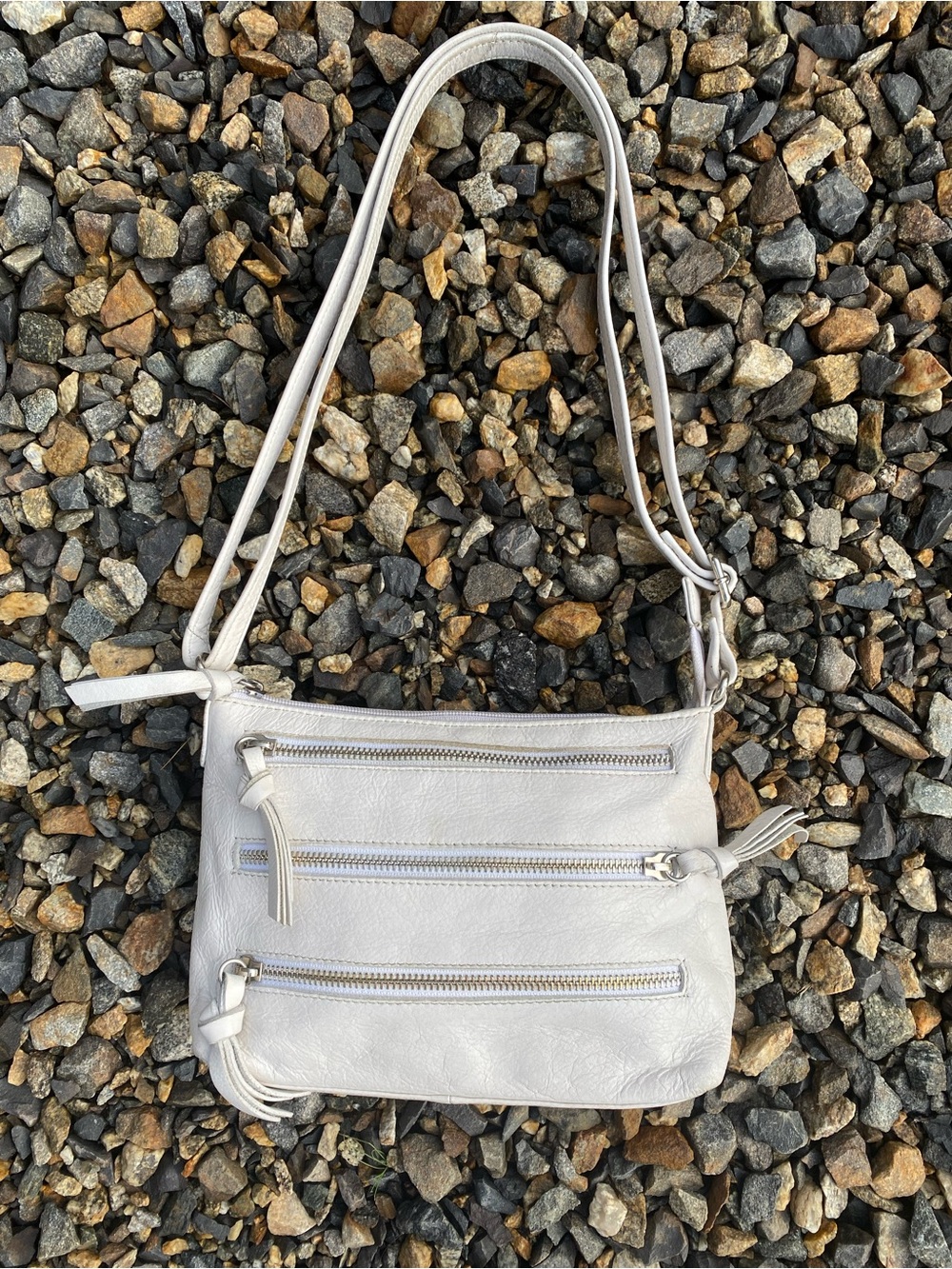 Genuine Leather Vintage Light Gray Shoulder Bag with Triple Zipper Pockets